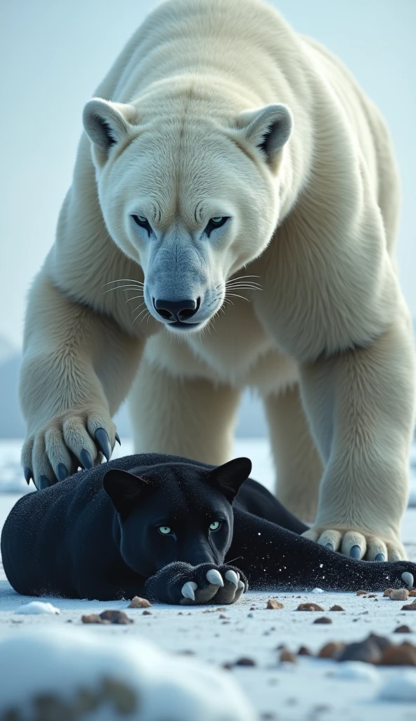"Create a hyper-realistic image showing a dramatic scene between a black panther and a polar bear. The image features a defeated black panther lying on the ground, clearly exhausted and beaten. Nearby, the enormous, powerful polar bear dominates the scene as the clear winner. The polar bear, depicted as a giant, powerful predator, has sharp claws and an imposing size that contrasts with the vulnerable position of the black panther. The setting is stark and emphasizes the black panther's loss and the polar bear's dominance. The details of both animals are extremely realistic, focusing on the black panther's fur texture and the polar bear's fur and claws. The image is in portrait orientation with a resolution of 1080x1920."
