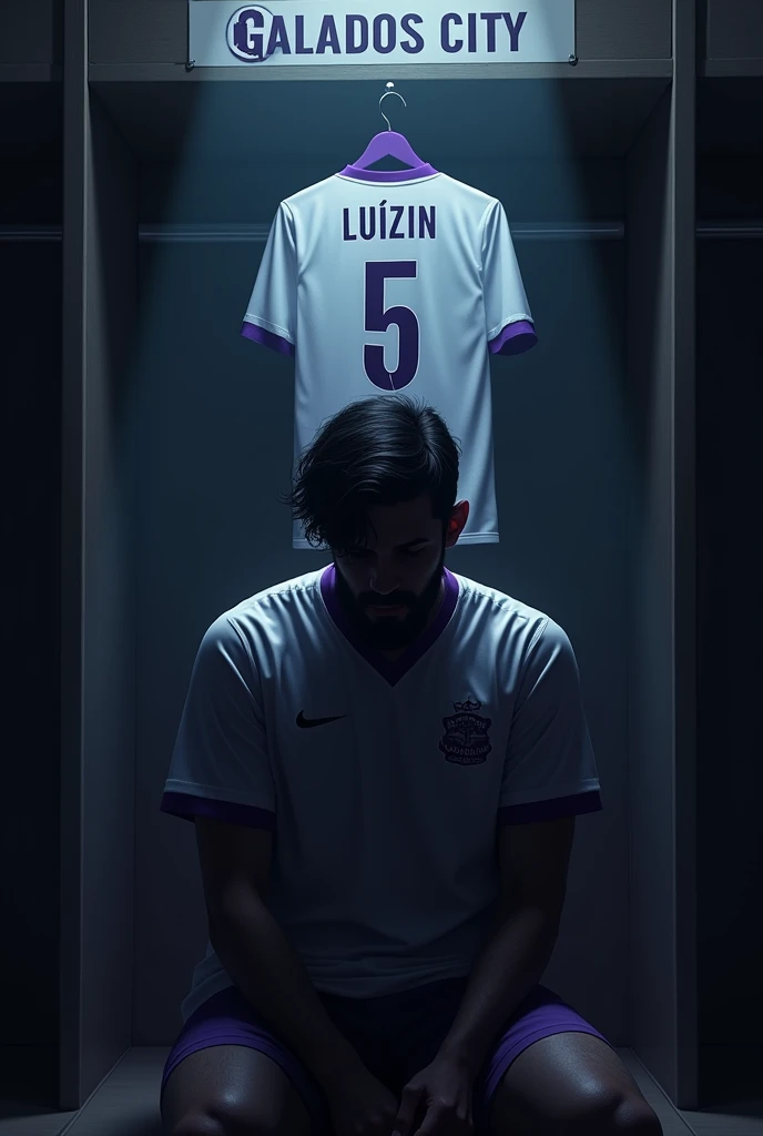 Make a picture of ONE player on his knees, with lights completely obscuring his face and him with short black wavy hair and beard, the locker room is dark and the spotlights are shining on him and the Galados City team, uniform in white and purple colors and I want you to put a shirt behind and on top of it with the number 5 and the name LUIZIN. Make your surroundings completely dark. LET HIM keep his head completely down and focused, and I just want 1 shirt behind him. put the team name “Galados City” on a sign above the shirt and below the spotlight. let him sit on a bench. put on just 1 shirt and that shirt will be above it, on a coat rack and below the sign “Galados City”. the shirt above him in purple and white