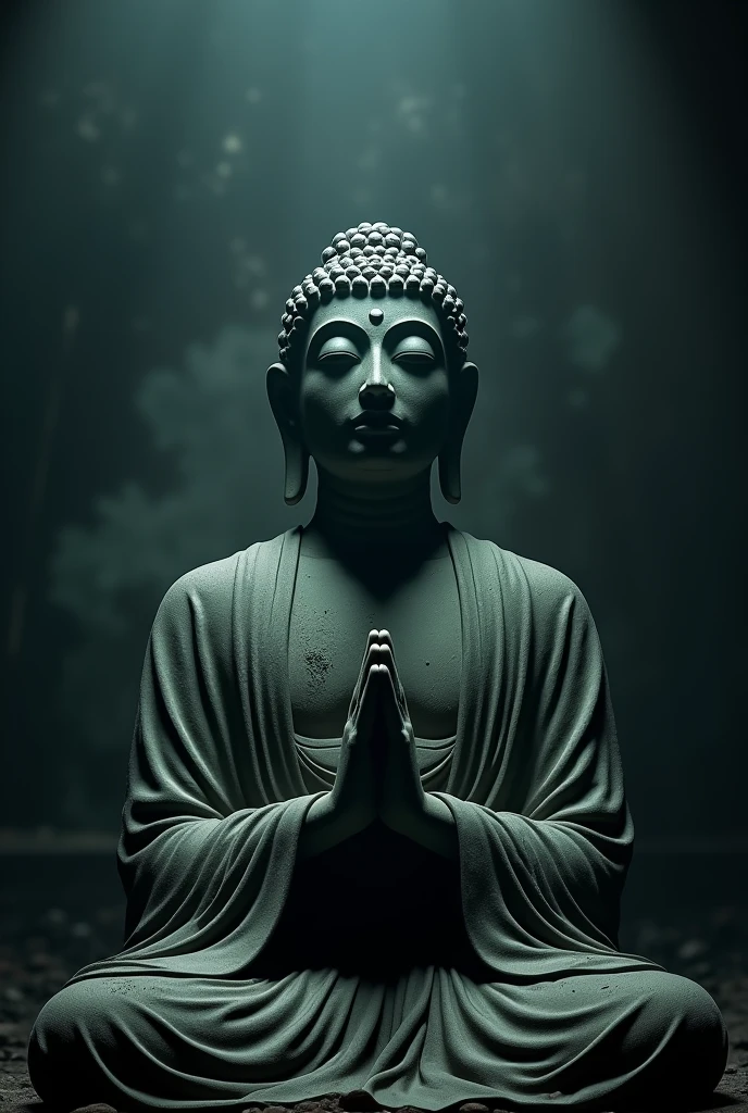 write me the command to generate the image of Buddha face with eyes closed chanting, mysterious dark tones with light shining on the statue create mystery,  film form, ancient dusty statue, have a cloak, hand chanting
