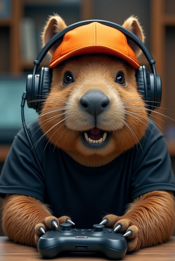 capybara face with mustache playing video game in black t-shirt, orange cap and headphones!