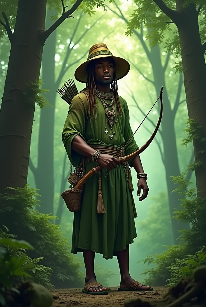 Male Orisha Oxossi of Afro religion with bow and arrow in hand in green clothing and hat Àkẹtẹ̀ awọ in the forest characteristics of a young hunter 
