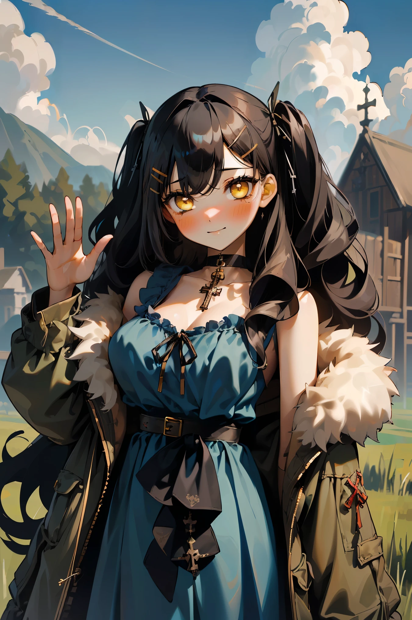 (masterpiece:1.2), (high quality:1.2), girls with((1girl, solo, black hair, yellow eyes, (wavy long hair, one side up, hairclips:1.3), blush, breasts, choker, cleavage, coat, cowboy shot, blue lace dress, camisole, ribbon waist belt, black ribbon belt, red bow, red ribbon, neck ribbon, collar, collarbone, rosary, rosary choker, cross, fur, fur trim, parka, khaki hoodie, green hoodie, khaki jacket, hood down, hooded coat, hooded jacket, hoodie, jacket, large breasts, long sleeves, medium breasts, open clothes, open coat,open hoodie, sleeveless, winter clothes, zipper, cleavage, upper body, hand up, waving, palm)), background with((architecture, blue sky, bush, castle, village, no humans, cloud, cloudy sky, day, field, garden, grass, hill, house, lamppost, landscape, mountain, mountainous horizon, nature, no humans, outdoors, scenery, shrine, sky))