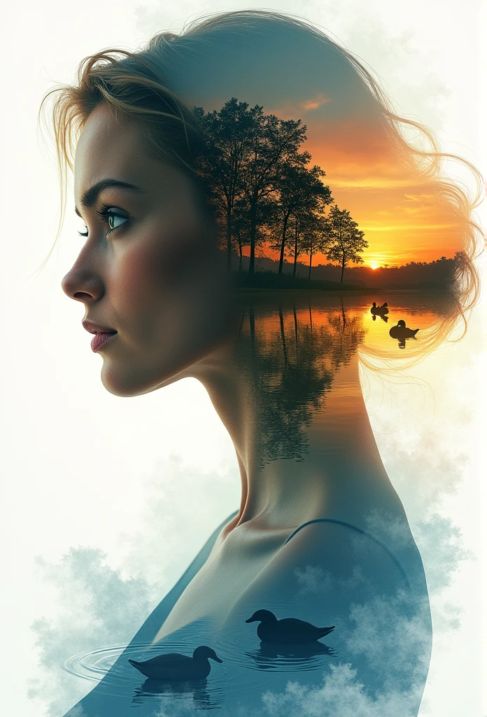 A detailed and artistic double exposure depicting a beautiful female profile with a perfect face. The woman is the owner of a mature, elegant and graceful charm. (A captivating scene with delicate details of a sunset or sunrise over a calm blue lake, with a close-up angle of the transparent upper body silhouette of the woman overlapping the background with the technique of double exposure: 1.3), the sky is painted in shades of orange, yellow and red, with the silhouette of green trees reflected in the water. There are also two ducks swimming in the lake. The entire composition is made up of watercolor blotches in shades of white, blue and gold, giving the entire image a vivid and dynamic feel., Vividness, Painting,