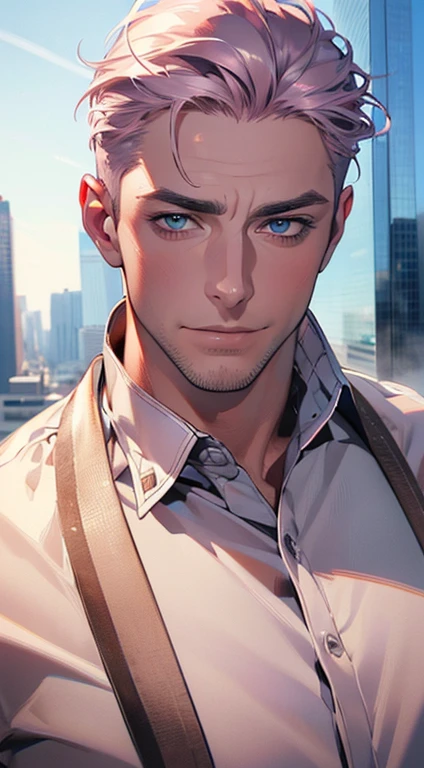 (best quality,4k,8k,highres,masterpiece:1.2),ultra-detailed,(realistic,photorealistic,photo-realistic:1.37),1 man,3,mature man,very handsome,without expression,smile,short grey pink hair,blue eyes,penetrating gaze,perfect face without errors,imposing posture,businessman,office background,cinematic lighting,hdr image