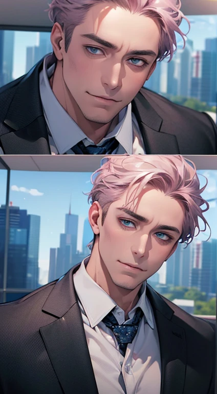 (best quality,4k,8k,highres,masterpiece:1.2),ultra-detailed,(realistic,photorealistic,photo-realistic:1.37),1 man,3,mature man,very handsome,without expression,smile,short grey pink hair,blue eyes,penetrating gaze,perfect face without errors,imposing posture,businessman,office background,cinematic lighting,hdr image