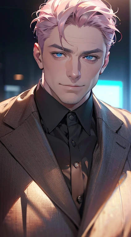 (best quality,4k,8k,highres,masterpiece:1.2),ultra-detailed,(realistic,photorealistic,photo-realistic:1.37),1 man,3,mature man,very handsome,without expression,smile,short grey pink hair,blue eyes,penetrating gaze,perfect face without errors,imposing posture,businessman,office background,cinematic lighting,hdr image