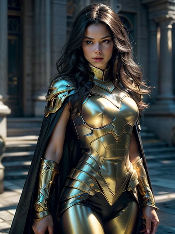 extremely beautiful young lady, subtle makeup, golden hour, photorealistic, high contrast, 8k HD, detailed, hyper-detailed, realistic skin texture, long dark hair, big breast, best quality, ultra high res, raw photo, dramatic lighting, unreal engine, diffuse glow intricate silver eaba, white imperial cape, spear, sword, no helm