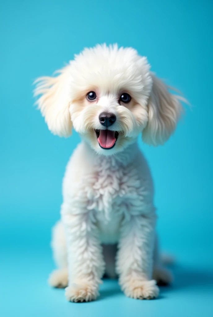 A realistic full-body photograph of a single white poodle, with its nose as the main focus. The image should use a wide-angle lens effect to exaggerate the size of the nose, making it the prominent feature in the picture. The animal should be standing or sitting, with the camera angle positioned slightly below the nose to enhance the sense of depth and focus on the nose. The background should be simple, clean, and vibrant solid blue . Ensure only one animal, with a playful, curious expression.