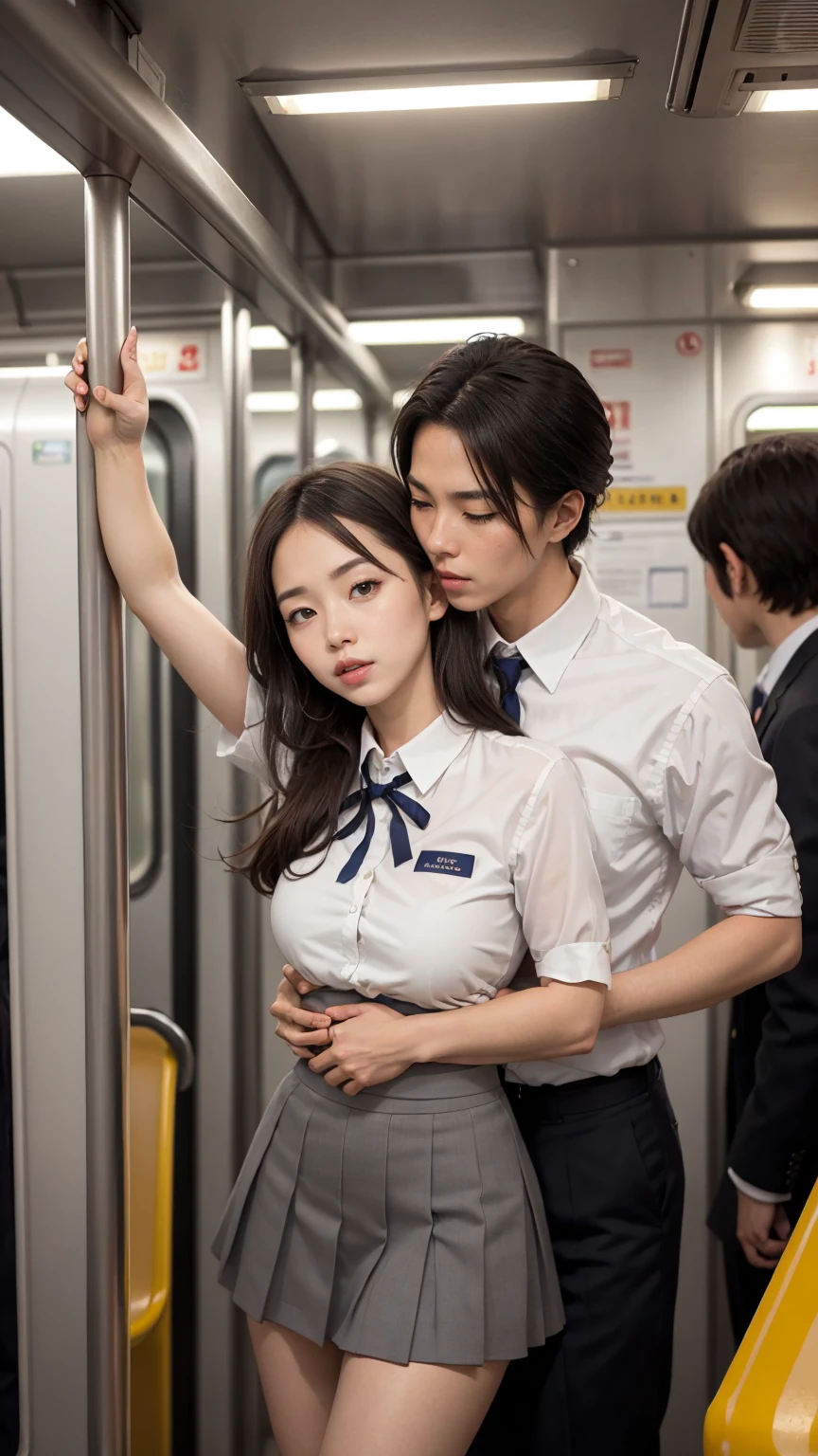 (molestation: 1.5), 1 girl, (full body shot), 1 man, (((office lady being molested: 1.5))), (very beautiful), (beautiful face: 1.5), girl has her hands tied behind her back, girl is crying, (office lady uniform: 1.2), (in a crowded Japanese train: 1.5), man forcefully kisses her, (man takes off her skirt: 1.5), (man hugs her breasts: 1.5), (in SFW: 1.1), (((pussy visible through shirt))), (groans of pain: 1.3), (ecstasy: 1.5),