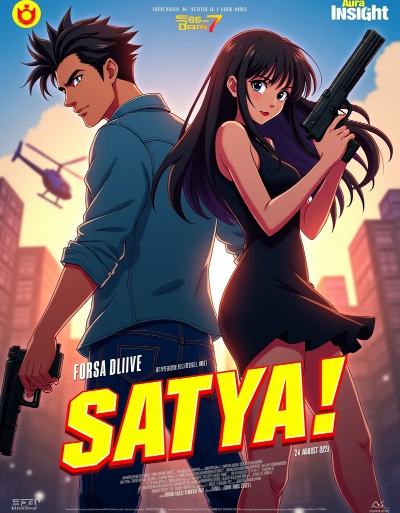 CREATE A ANIME STYLE LANDSCAPE IMAGE. Anime Movie poster with a dynamic and action-packed style. The layout features two central figures, a man and a woman, standing closely together. The man has a light skin, and short, styled black hair, wearing a blue shirt with rolled-up sleeves and jeans, holding a gun in his right hand. The woman has long, wavy dark hair, light skin, and is dressed in a black, sleeveless dress with a short hemline, also holding a gun in her left hand. Both have intense facial expressions. The background includes a helicopter and a cityscape, suggesting an action setting. The title 'SATYA!' is prominently displayed in bold, yellow and red letters with a slight tilt, positioned at the bottom left. Additional text includes 'AURA INSIGHT' in yellow, 'PRESENT BY DARK7 ' in white, and the release date '24 AUGUST 2024' in large, white letters at the bottom center. The overall color scheme is vibrant, with a mix of warm and cool tones.