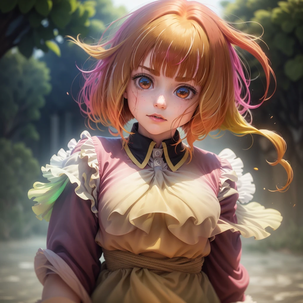 One woman, alone, alone Focus, Cowboy Shot, Portraiture,, Beaver,Half water color, Half Green, ((Brown Hair)), (Yellow Hair), (Gradient Hair :1.5), Curly Hair, ((Pink Eyes)), Ultra-detailed eyes, work, White see-through, (Small TI quality, Very detailed,Full Shot