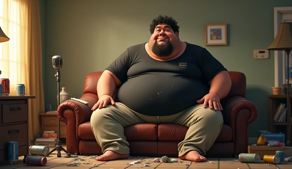 Im Stil von Pixar 3D-Animation filmen (Caricature). An extremely obese 30-year-old on a dirty sofa. He wears sweatpants and a stained black band shirt with sweat stains. His lower jaw protrudes strongly, his hair is black and curly, he has a three-day beard. In front of him a tiled table with waste, Beverage cans and a streaming microphone. The room is very messy and dirty.