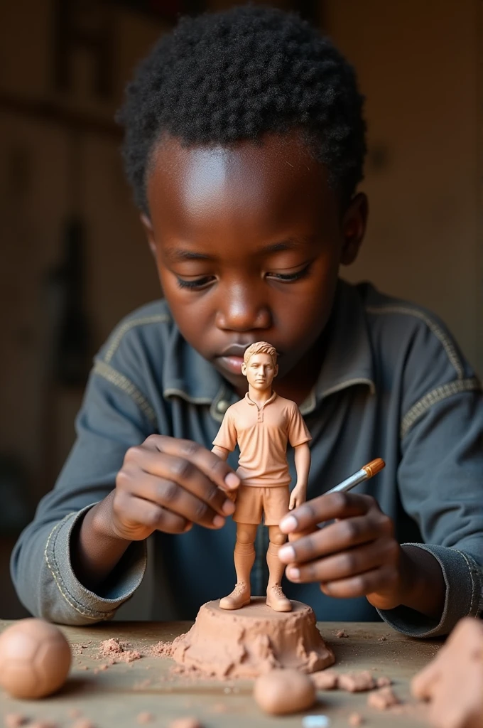 African boy sculpting messi in clay