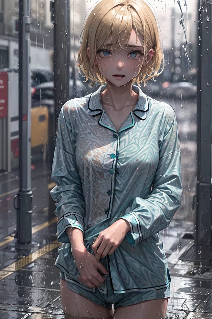 ((Soaking wet patterned and buttoned-up pyjama shirt)), All of the pyjama shirt is equally wet all over, teal-coloured shirt, soaking wet, drenched to the bone, Outside in the dark dimly lit streets, wearing nothing but her pyjama shirt, patterned shirt, soaking wet, heavy rainfall, caramel-blonde hair, gorgeous amazing eyes, depressed purple eyes, crying, sad, very dark, nighttime, pyjama shirt clinging to her body from the rain, very short hair, coloured pyjama shirt, naked below the waist, tiny breasts, revealing, fabric sticking to her skin, pavement, street, 