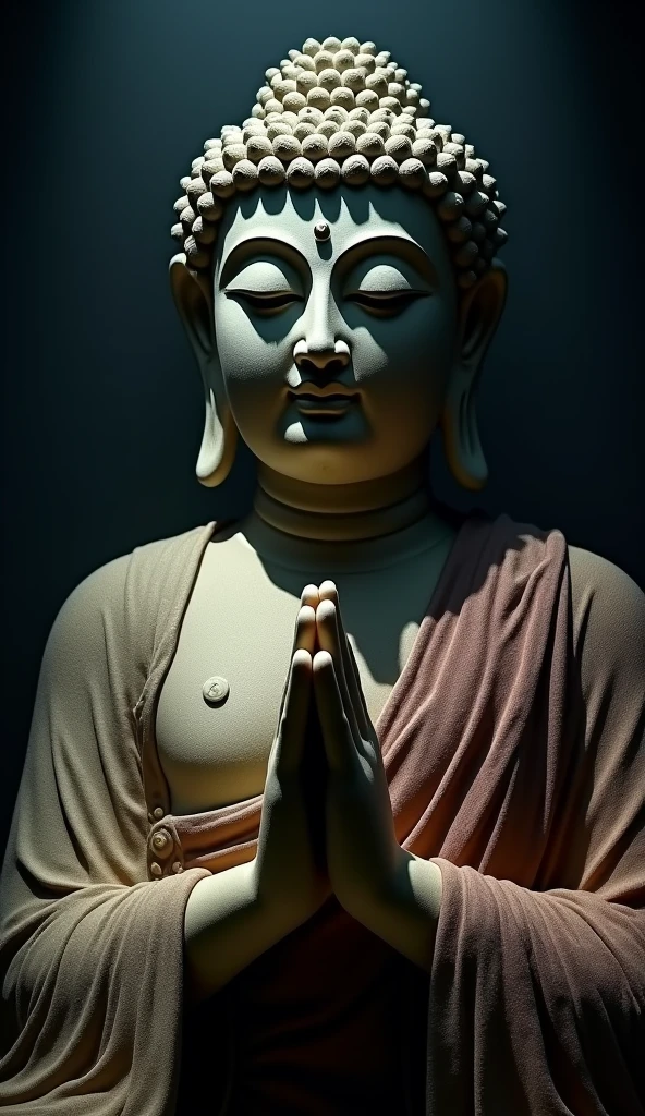 Create a cinematic image of the face of Buddha representing the Tathagata (Suchness) or Buddha of Great Enlightenment with closed eyes in a gesture of chanting or prayer. The image should feature a dark, mysterious tone with dramatic, ethereal lighting highlighting the statue. The Buddha’s face should convey serenity and wisdom, with detailed features and an ancient, dusty patina to suggest age and reverence. The statue should be draped in a richly detailed cloak, and the hands should be positioned in a traditional gesture of chanting. The lighting should create striking contrasts, casting deep shadows and accentuating the Buddha’s features, evoking a sense of sacred mystery and spiritual depth, akin to a scene from a film.