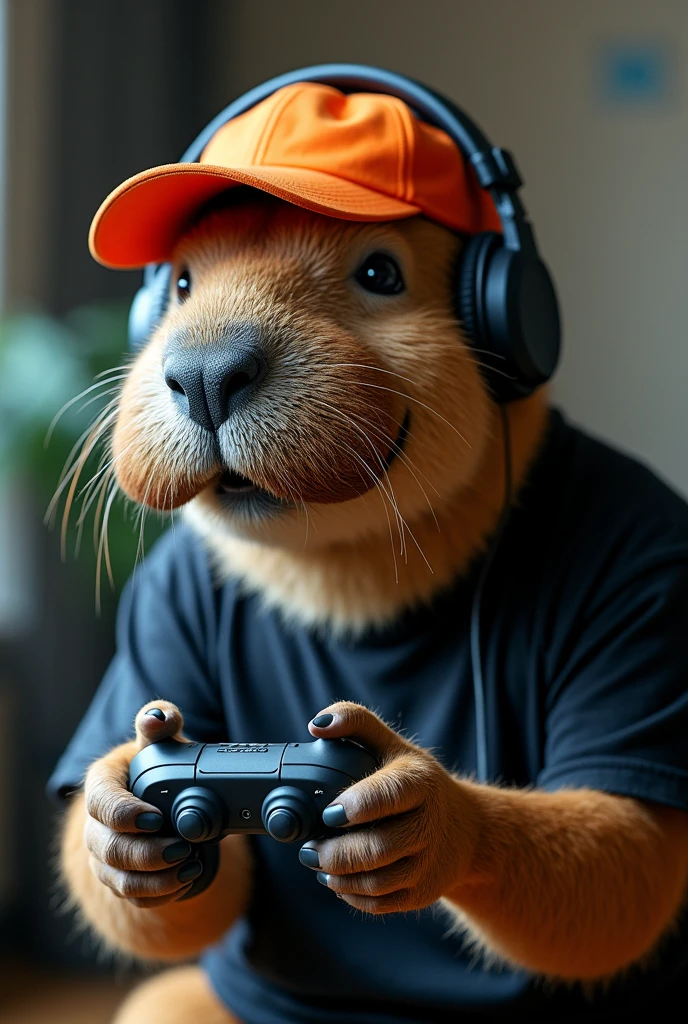 capybara face with mustache playing video game in black t-shirt, orange cap and headphones!