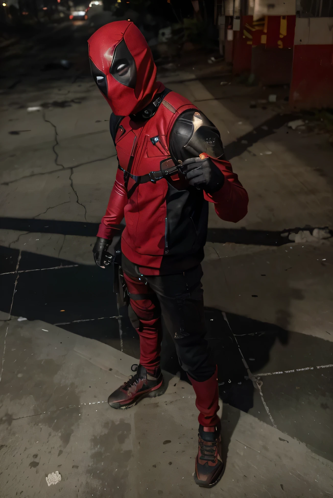 (Best quality, 8k, 32k, Masterpiece, UHD:1.2) To transform the setting of the image into the iconic freeway overpass scene from the first Deadpool movie, imagine an urban, gritty environment. The overpass is a concrete giant, with multiple lanes of traffic either side of the central divider. The concrete walls are stained with years of wear, and the road surface is cracked in places, showing signs of heavy use. Above, the sky is a cloudy gray, adding to the grimy atmosphere. The overpass rises above a chaotic mix of roadways below, crisscrossed with smaller roads and alleys.
Lining the sides of the freeway, you might see rusted metal barriers, graffitied and dented from countless collisions. In the distance, tall, nondescript buildings loom, their windows reflecting the dim light. The scene is tense, with an underlying sense of danger, as if something explosive is about to happen. The setting is stark, with minimal distractions, drawing all attention to the center where the action is about to unfold.
Everything about this environment screams urban decay and imminent chaos, a perfect stage for Deadpool’s outrageous and chaotic battle. The whole atmosphere is raw and unrefined, perfectly matching Deadpool’s irreverent and over-the-top style.