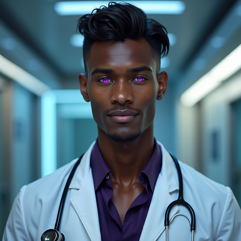 Photograph headshot, hair wavy-curl side parted, very tall French featured male model, shaved, toned body, ebony skin, vibrant purple eyes, tall thin toned body. Gentle smile expression. Doctor coat, dark purple shirt, modern sci-fi hospital office.