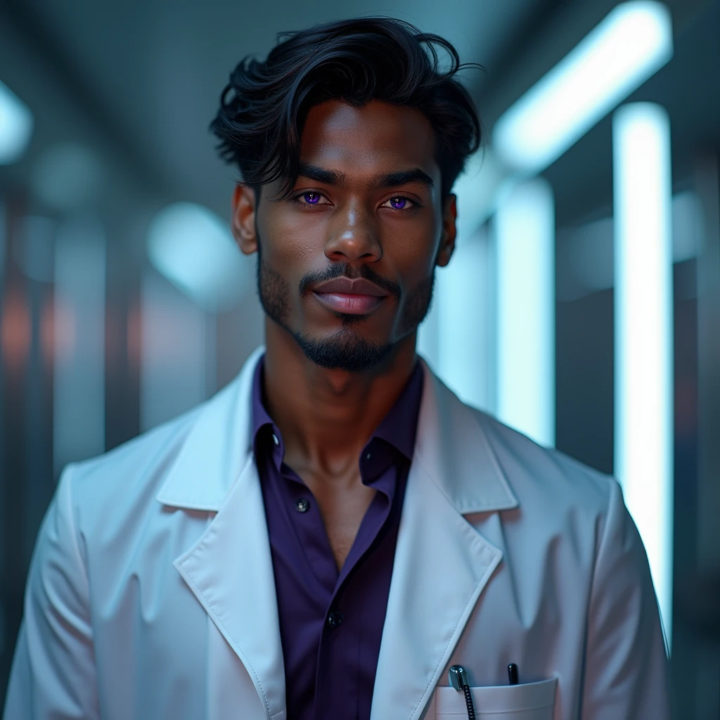 Photograph headshot, hair wavy-curl side parted, very tall French featured male model, shaved, toned body, ebony skin, vibrant purple eyes, tall thin toned body. Gentle smile expression. Doctor coat, dark purple shirt, modern sci-fi hospital office.