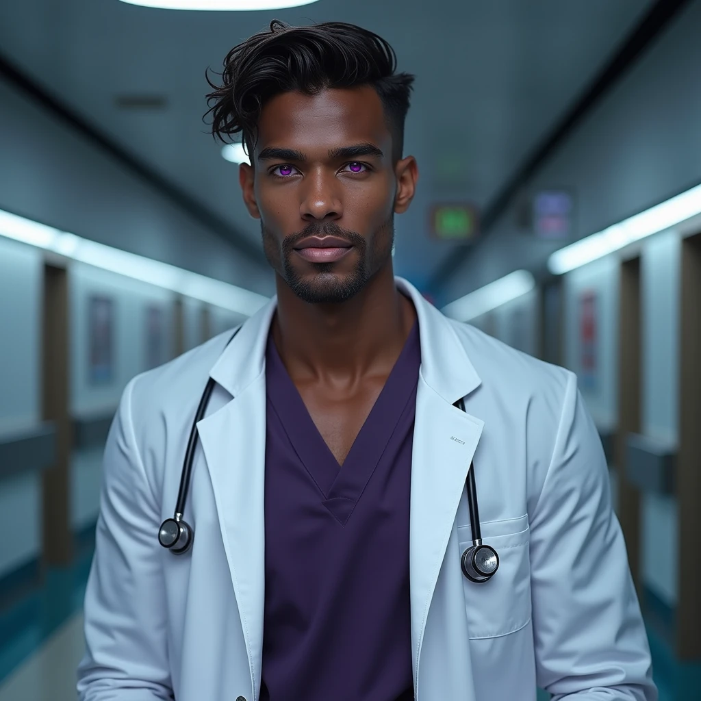 Photograph headshot, hair wavy-curl side parted, very tall French featured male model, shaved, toned body, ebony skin, vibrant purple eyes, tall thin toned body. Gentle smile expression. Doctor coat, dark purple shirt, modern sci-fi hospital office.