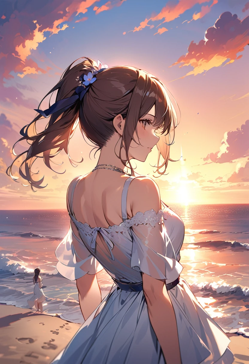 Highest quality、High resolution、Detailed Background、(Beautiful face in every detail:1.4)、Anatomically correct、Highly detailed face、Anime beauties in their twenties、Perfect body line、ponytail、Bobcut、
(A beautiful woman is seen from behind gazing at the sunset at the end of summer:1.5)、
At dusk on the beach、A gentle light shines on the water surface.、The footprints on the sand create a lonely atmosphere.、A girl in a summer dress、He looks sad as he gazes into the distant horizon、In the quiet scenery that brings to mind the end of summer、I can imagine what's going on in the girl's mind.、Loneliness and sadness、And a scene that makes you feel something to look forward to、
In the midst of nature's transitions、The girl's feelings may also change.、very beautiful
