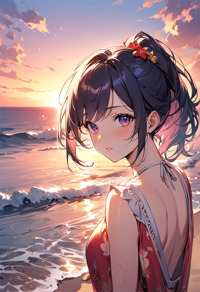 Highest quality、High resolution、Detailed Background、(Beautiful face in every detail:1.4)、Anatomically correct、Highly detailed face、Anime beauties in their twenties、Perfect body line、ponytail、Bobcut、
(A beautiful woman is seen from behind gazing at the sunset at the end of summer:1.5)、
At dusk on the beach、A gentle light shines on the water surface.、The footprints on the sand create a lonely atmosphere.、A girl in a summer dress、He looks sad as he gazes into the distant horizon、In the quiet scenery that brings to mind the end of summer、I can imagine what's going on in the girl's mind.、Loneliness and sadness、And a scene that makes you feel something to look forward to、
In the midst of nature's transitions、The girl's feelings may also change.、very beautiful