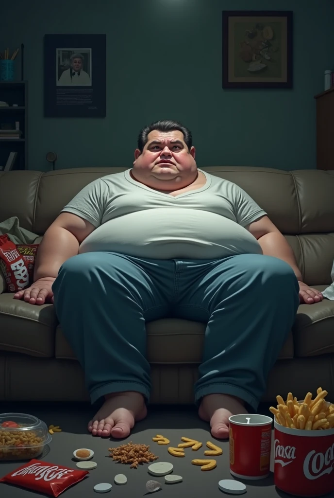 obese person, Sedentary, sick and eating 
