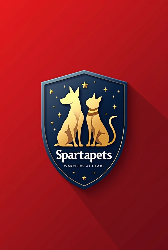 Create a logo with a central shield. Inside the shield, includes a stylized silhouette of a dog and a cat in postures of vigilance or courage. The dog is on the left and the cat is on the right.. Add subtle armor details on both animals. Use navy blue for the outline of the shield, and gold or white for the silhouettes of the dog and the cat. The background of the shield should be red or a subtle gradient. Put the name 'Spartapets' in a bold font, white or gold, under the shield. Add the slogan 'Warriors at Heart' in a cursive or fancy font, under the name. Includes small details such as gold stars around the shield for a touch of dynamism.