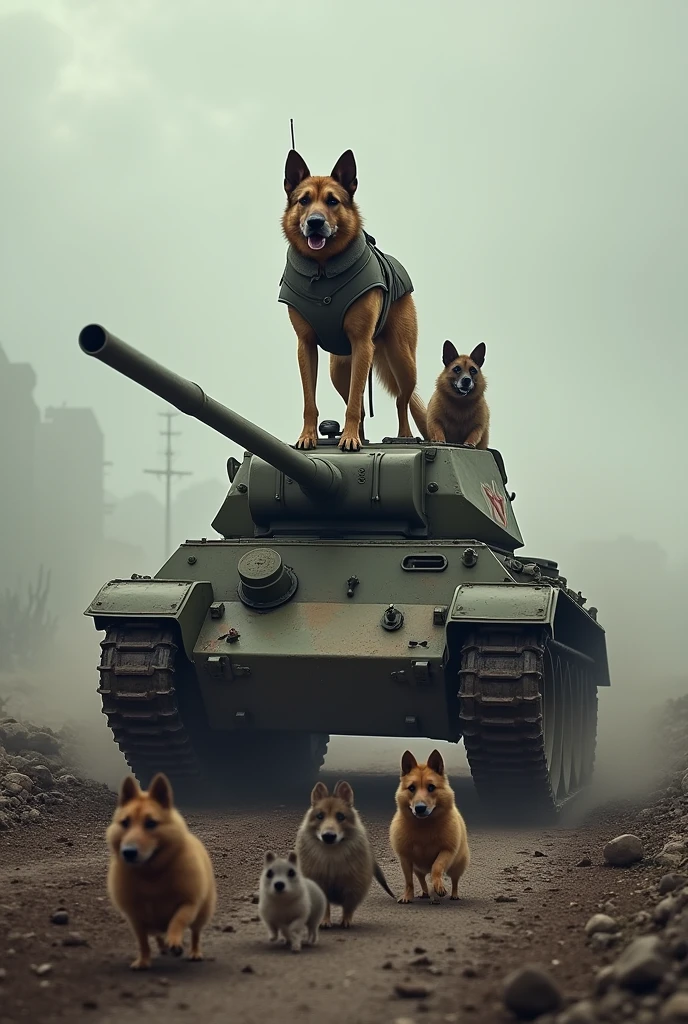 Soviet dog on a Soviet Union T39 tank with a Winchester rifle with his German Shepherd companion leading a troop of hamsters

