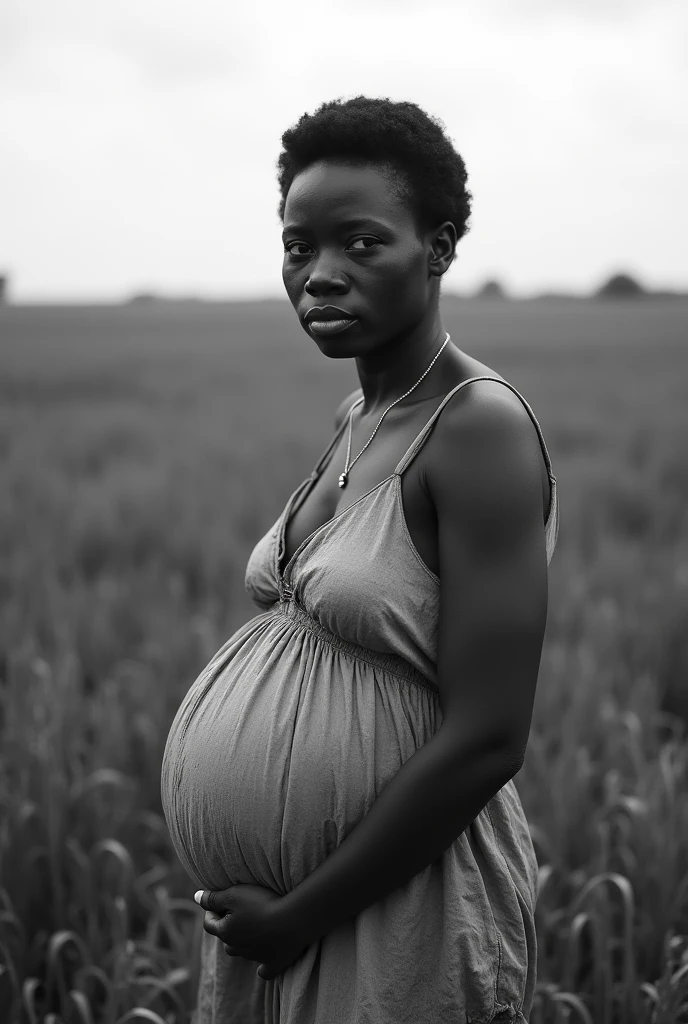 A 20yo pregnant slave woman in 1920s era, working in field, sad, wide angle shot, picture taken from far, candid shot, subject not looking at camera, black and white
