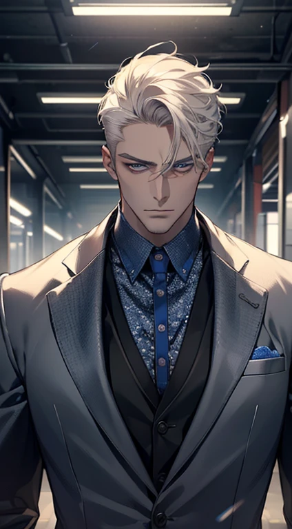 (best quality, masterpiece, 8K, photorealistic, cinematic lighting, hdr image, ultra detailed, beautiful image), 1 man, 3, mature man, very handsome, (without expression, serious), short white hair, blue eyes ( penetrating gaze), perfect face without errors, imposing posture, without errors, businessman, office background