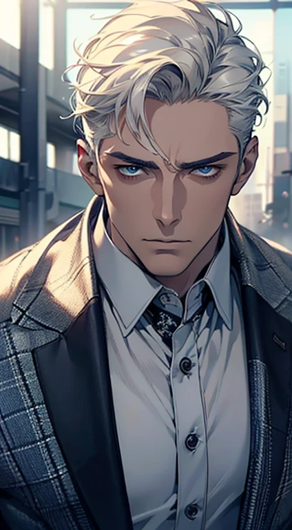 (best quality, masterpiece, 8K, photorealistic, cinematic lighting, hdr image, ultra detailed, beautiful image), 1 man, 3, mature man, very handsome, (without expression, serious), short white hair, blue eyes ( penetrating gaze), perfect face without errors, imposing posture, without errors, businessman, office background