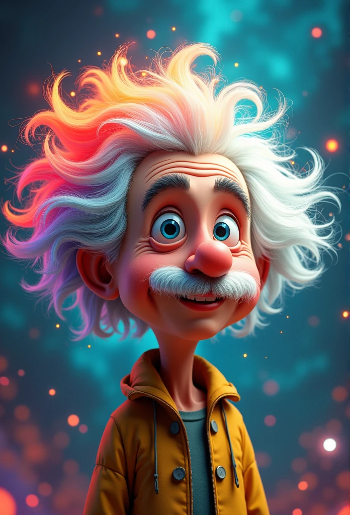 Create an animated character like Albert Einstein with colorful hair, full color