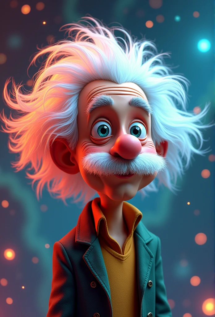 Create an animated character like Albert Einstein with colorful hair, full color