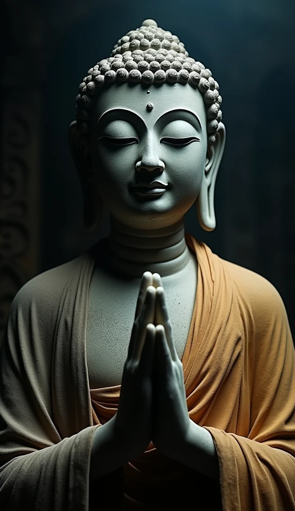 Create a cinematic image of the face of Buddha representing the Tathagata (Suchness) or Buddha of Great Enlightenment with closed eyes in a gesture of chanting or prayer. The image should feature a dark, mysterious tone with dramatic, ethereal lighting highlighting the statue. The Buddha’s face should convey serenity and wisdom, with detailed features and an ancient, dusty patina to suggest age and reverence. The statue should be draped in a richly detailed cloak, and the hands should be positioned in a traditional gesture of chanting. The lighting should create striking contrasts, casting deep shadows and accentuating the Buddha’s features, evoking a sense of sacred mystery and spiritual depth, akin to a scene from a film.