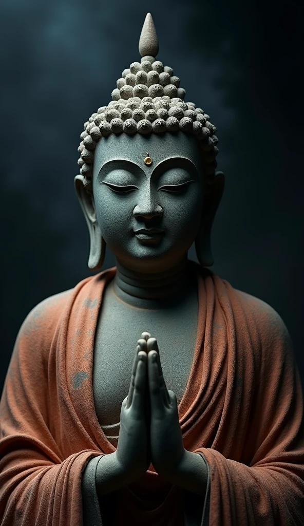 Create a cinematic image of the face of Buddha representing the Tathagata (Suchness) or Buddha of Great Enlightenment with closed eyes in a gesture of chanting or prayer. The image should feature a dark, mysterious tone with dramatic, ethereal lighting highlighting the statue. The Buddha’s face should convey serenity and wisdom, with detailed features and an ancient, dusty patina to suggest age and reverence. The statue should be draped in a richly detailed cloak, and the hands should be positioned in a traditional gesture of chanting. The lighting should create striking contrasts, casting deep shadows and accentuating the Buddha’s features, evoking a sense of sacred mystery and spiritual depth, akin to a scene from a film.