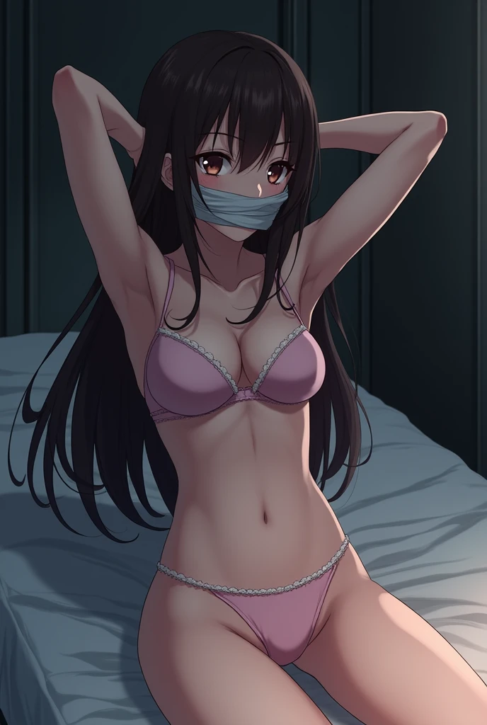 sekijou sawako, shibari, bondage, bound, brown hair, long hair, arms up, stripped, best quality, ultra-detailed, high resolution, extremely detailed cg, unity 8k wallpaper, masterpiece, perfect body, anime picture, femsub, BDSM, light pink underwear, pink frilled bra, small breasts, at night, lying down, in bed, dark room, teary-eyed, gagged, over the nose gag, duct tape, Sekijou Sawako, gym storeroom, wrist tied up together behind her back, bracing