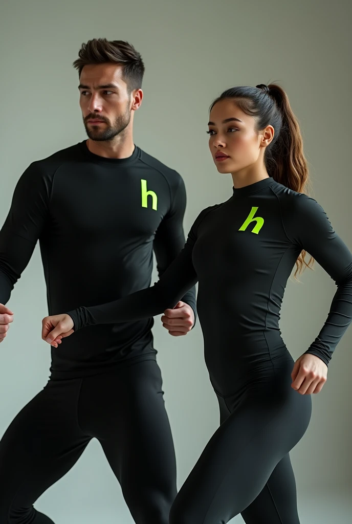 Image of man and woman exercising in black long sleeve sportswear with lime green H logo