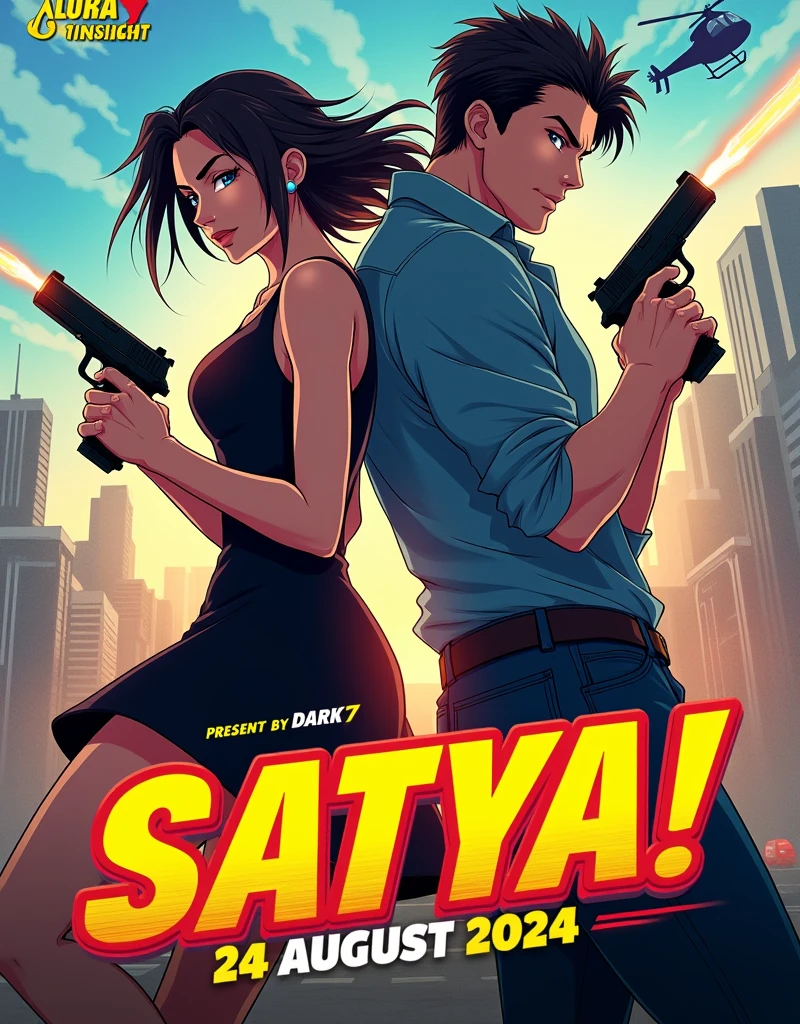 CREATE A ANIME STYLE LANDSCAPE IMAGE. Movie poster with a dynamic and action-packed style. The layout features two central figures, a man and a woman, standing closely together. The man has a light skin, and short, styled black hair, wearing a blue shirt with rolled-up sleeves and jeans, holding a gun in his right hand. The woman has long, wavy dark hair, light skin, and is dressed in a black, sleeveless dress with a short hemline, also holding a gun in her left hand. Both have intense facial expressions. The background includes a helicopter and a cityscape, suggesting an action setting. The title 'SATYA!' is prominently displayed in bold, yellow and red letters with a slight tilt, positioned at the bottom left. Additional text includes 'AURA INSIGHT' in yellow, 'PRESENT BY DARK7 ' in white, and the release date '24 AUGUST 2024' in large, white letters at the bottom center. The overall color scheme is vibrant, with a mix of warm and cool tones.