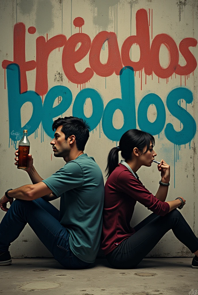 Generate a realistic style logo of a man sitting on the floor smoking a cigarette, woman sitting on the floor drinking a bottle of whiskey, back to back, graffiti text "BEODOS", happy, happy, fiesta, laughter