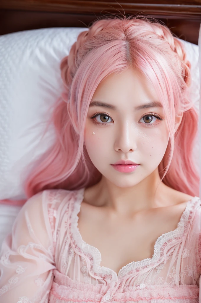 8k, RAW photo, best quality, masterpiece:1.2), (realistic, photo-realistic:1.4), (extremely detailed 8k wallpaper), japanese 20 age woman,Ultra-detailed cute face, Detailed eyes, Double eyelid,chemise, full body,(topknot, Huge breasts :1.2,(pink hair ),Tears mole),View from above,lying on the bed,cute hair