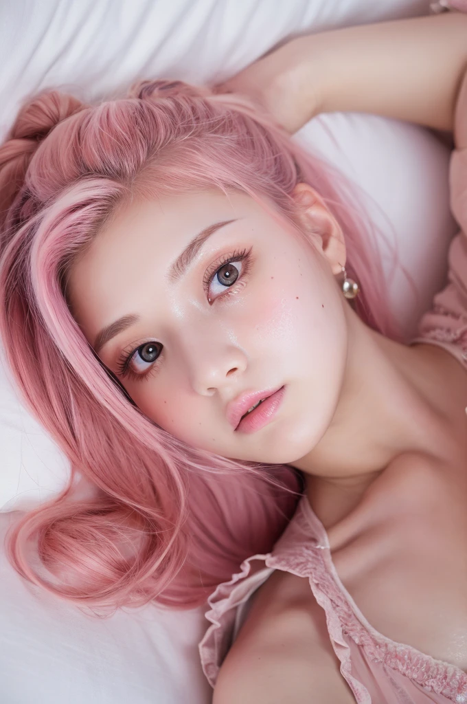 8k, RAW photo, best quality, masterpiece:1.2), (realistic, photo-realistic:1.4), (extremely detailed 8k wallpaper), japanese 20 age woman,Ultra-detailed cute face, Detailed eyes, Double eyelid,chemise, full body,(topknot, Huge breasts :1.2,(pink hair ),Tears mole),View from above,lying on the bed,cute hair