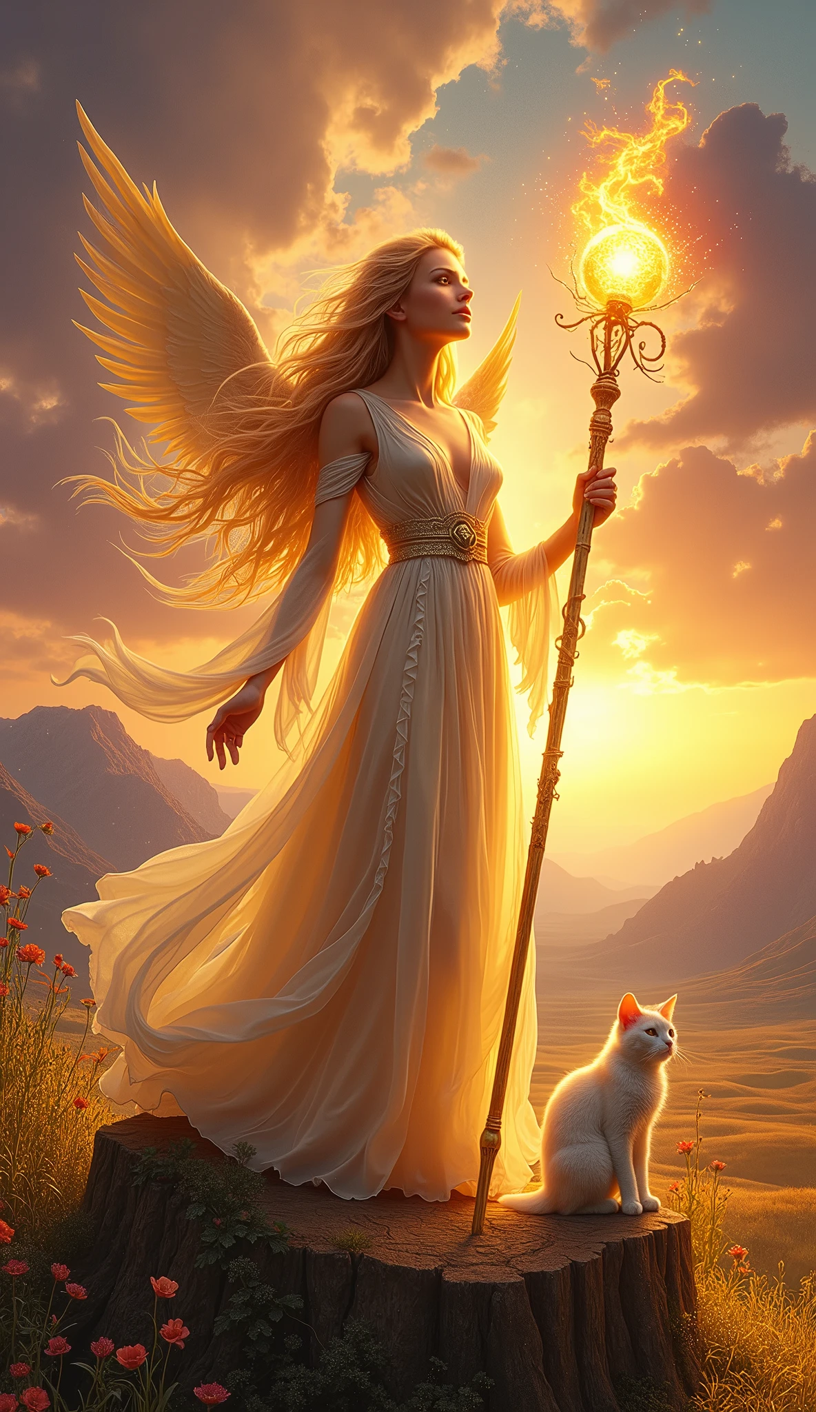Design a hyper-realistic and awe-inspiring image for the Queen of Staffs in the Lumen Angelis Tarot deck. The scene centers on a regal and commanding angelic figure, the Queen of Staffs, standing tall and composed on a lush, verdant throne. The throne is intricately carved from living wood, intertwined with blooming flowers and vines that pulse with a warm, golden light, symbolizing life, vitality, and growth.

The Queen of Staffs herself is a figure of both grace and strength. She wears a radiant gown that flows around her like liquid sunlight, shimmering in shades of gold, amber, and deep crimson, reflecting the fiery energy and passion she embodies. Her hair, long and wild, cascades down her shoulders in waves that seem to be kissed by flames, glowing with an inner fire.

In one hand, she holds a tall, glowing staff of light, rooted in the earth but reaching toward the heavens. The staff is crowned with a vibrant, fiery orb that blazes with life and energy, symbolizing the Queen’s connection to both the spiritual and the earthly realms. Her other hand is gently extended, and a small, ethereal cat sits by her side, its eyes glowing with wisdom, and its fur shimmering as if woven from the light itself—a nod to the traditional black cat in the Rider-Waite deck.

Behind her, the sky is a breathtaking blend of deep purples, oranges, and reds, as if the very dawn or dusk is unfolding in her presence. The landscape is alive with energy; fields of golden grass sway in the warm breeze, and the distant mountains are bathed in a soft, ethereal glow. The entire scene radiates with a sense of warmth, nurturing, and the powerful yet gentle influence of the Queen.

This image should capture the essence of the Queen of Staffs as a figure of authority, creativity, and compassion, with the added luminous and divine qualities of the Lumen Angelis deck. It should remain true to the symbolism of the Rider-Waite Queen of Wands, but with a vibrant, celestial twist that elevates her pre
