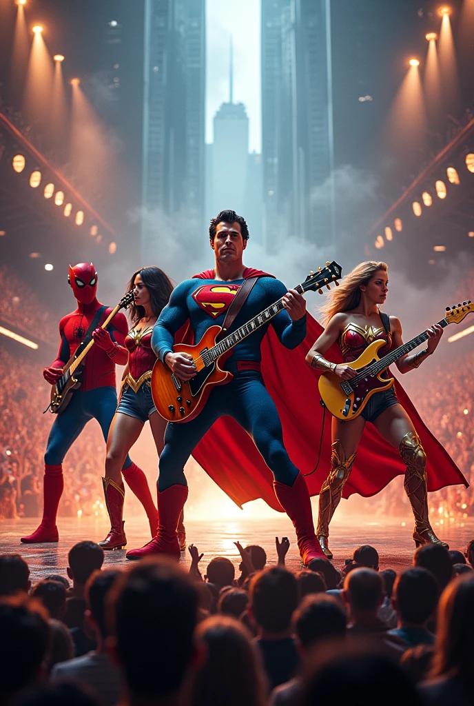 Spider man ,Superman, Batman, Wonder Woman , flash, superheroes playing instruments at a rock concert,rock band style