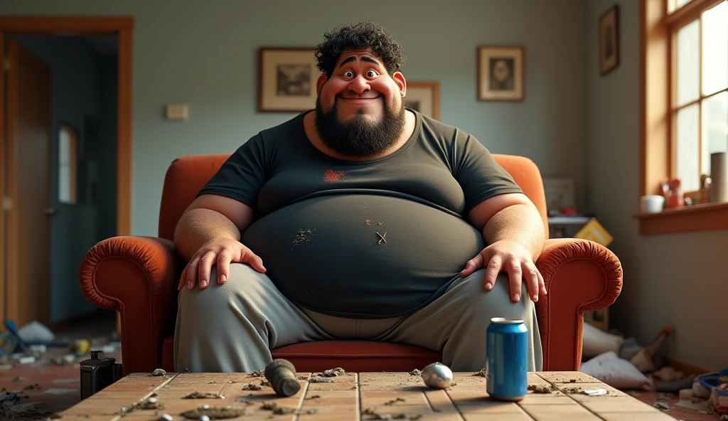 Im Stil von Pixar 3D-Animation filmen (Caricature). An extremely obese 30-year-old on a dirty sofa. He wears sweatpants and a stained black band shirt with sweat stains. His lower jaw protrudes strongly, his hair is black and curly, he has a three-day beard. In front of him a tiled table with waste, Beverage cans and a streaming microphone. The room is very messy and dirty.