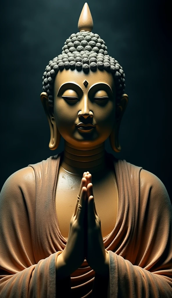 Create a cinematic image of the face of Buddha representing the Tathagata (Suchness) or Buddha of Great Enlightenment with closed eyes in a gesture of chanting or prayer. The image should feature a dark, mysterious tone with dramatic, ethereal lighting highlighting the statue. The Buddha’s face should convey serenity and wisdom, with detailed features and an ancient, dusty patina to suggest age and reverence. The statue should be draped in a richly detailed cloak, and the hands should be positioned in a traditional gesture of chanting. The lighting should create striking contrasts, casting deep shadows and accentuating the Buddha’s features, evoking a sense of sacred mystery and spiritual depth, akin to a scene from a film.





