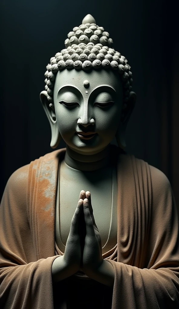 Create a cinematic image of the face of Buddha representing the Tathagata (Suchness) or Buddha of Great Enlightenment with closed eyes in a gesture of chanting or prayer. The image should feature a dark, mysterious tone with dramatic, ethereal lighting highlighting the statue. The Buddha’s face should convey serenity and wisdom, with detailed features and an ancient, dusty patina to suggest age and reverence. The statue should be draped in a richly detailed cloak, and the hands should be positioned in a traditional gesture of chanting. The lighting should create striking contrasts, casting deep shadows and accentuating the Buddha’s features, evoking a sense of sacred mystery and spiritual depth, akin to a scene from a film.





