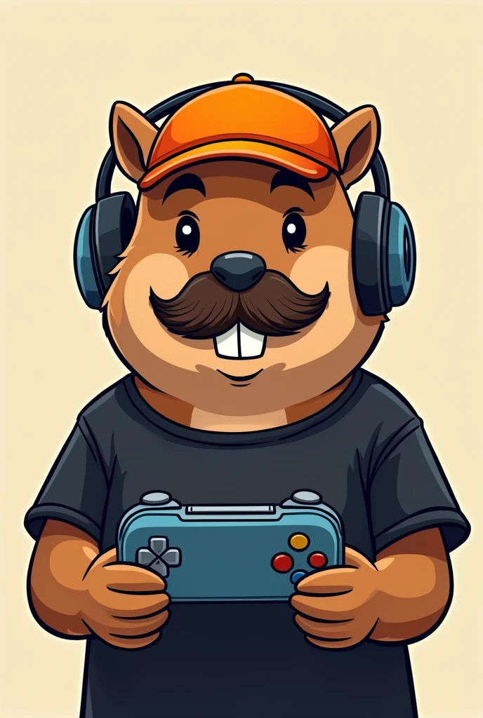 capybara face with mustache playing video game in black t-shirt, orange cap and headphones. in cartoon drawing
