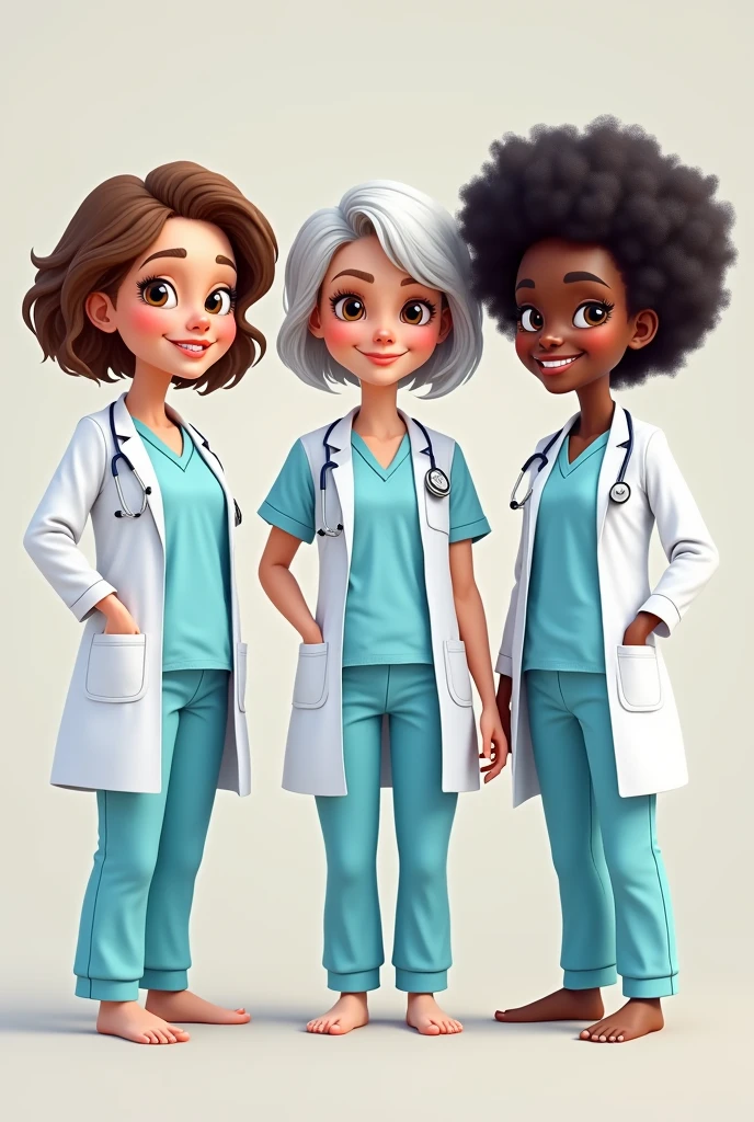 Create 3 Barbie-type caricatures with medical pajamas and a doctor&#39;s coat, one that is a lady with short brown hair and a medium-chubby body , brown eyes, the other one has short white hair, brown eyes and the other one has curly black hair and black eyes ,adult women