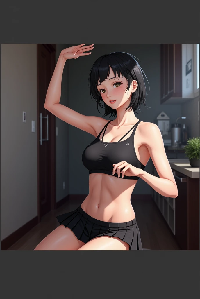 Short hair, Female abs, Sitting, Strong thighs, Black hair, Young breasts